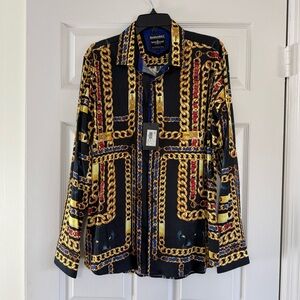 NEW Barabas Gold Chain Black Panther Print Button Down Shirt Large